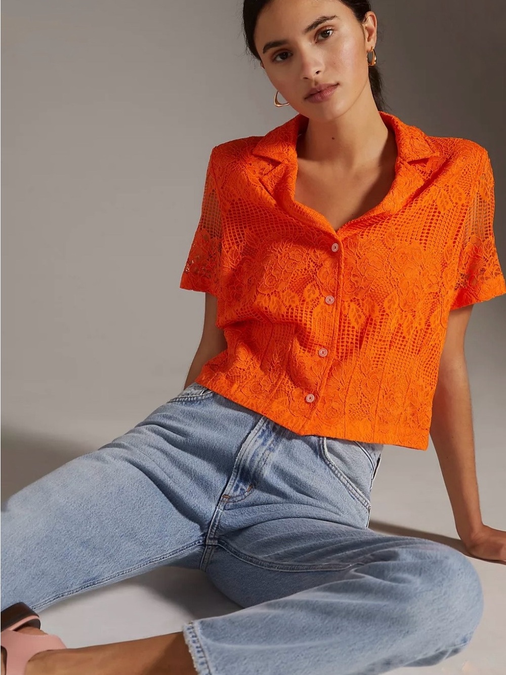 Anthropologie Maeve Lace Buttondown Top XS Orange Short Sleeve Collared Shirt
